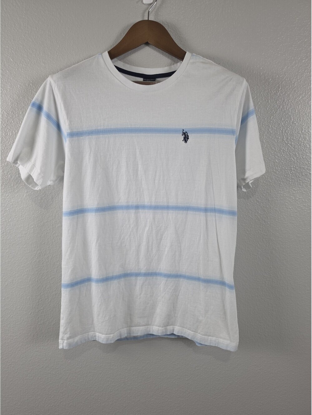 Men's US Polo Association Tee Shirt White Woth Blue Strips M Short Sleeve Cotton